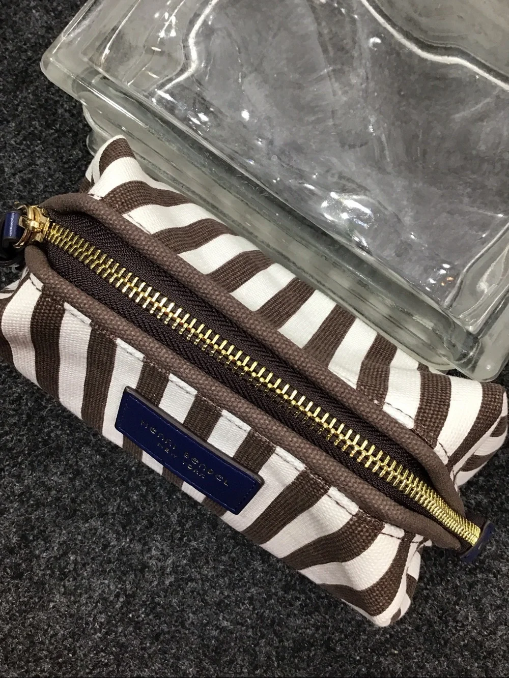 Henri Bendel iconic Centennial brown and white stripe dome cosmetic bag NIB
